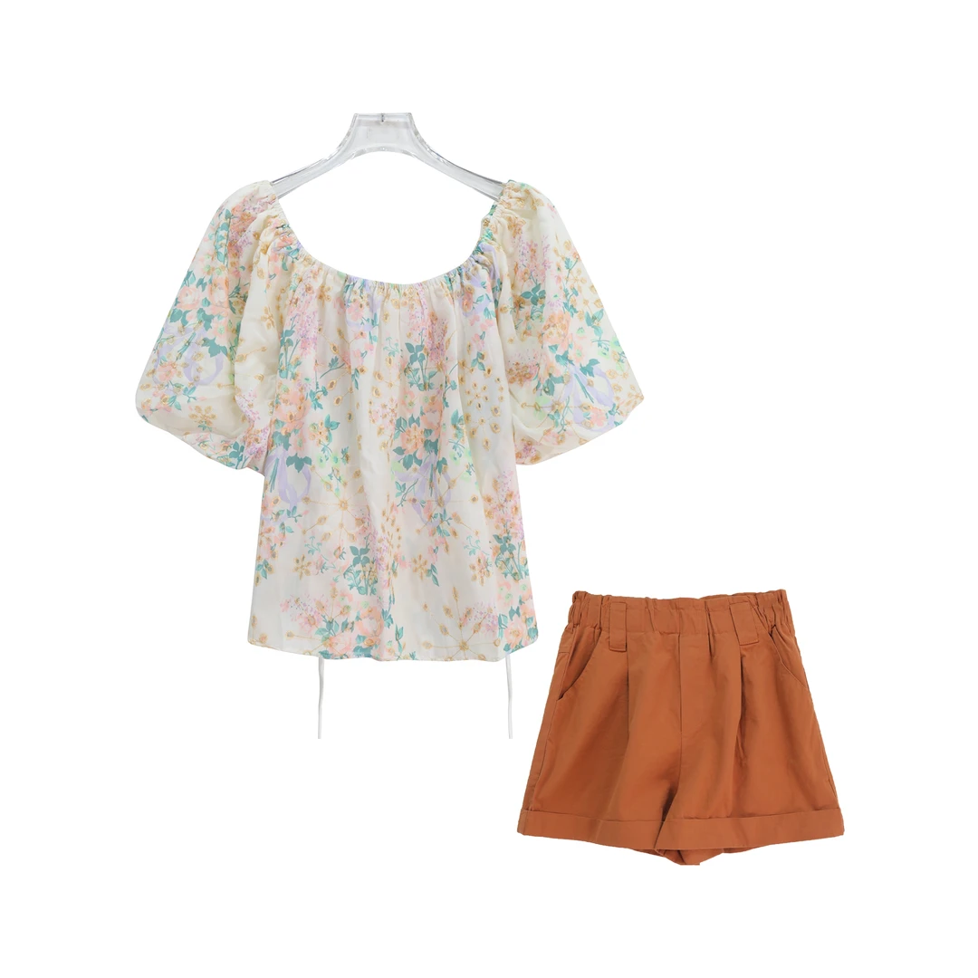 新款碎花一字肩短袖小衫高腰阔腿短裤两件套S2013