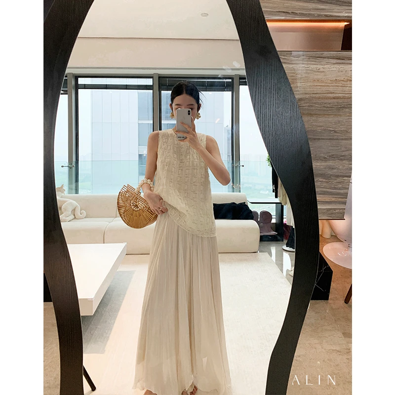 阿琳ALIN【午后风铃】夏季珠光琉璃纱垂感a字高腰半身裙女AL5FSQ10