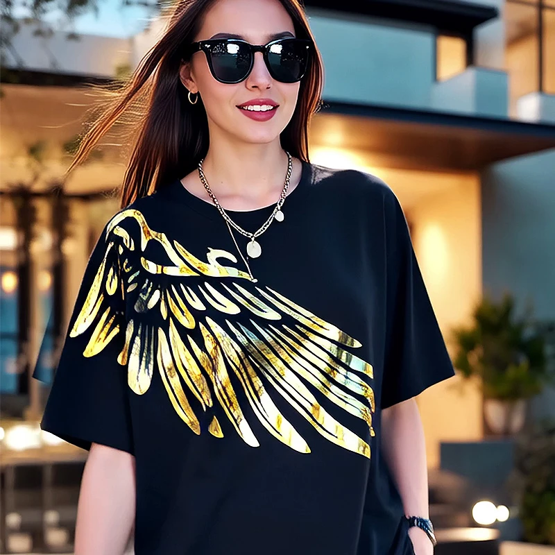 BY闪耀大翅膀短袖男t恤 /男女同款纯棉夏季新款宽松洋气圆领爆款