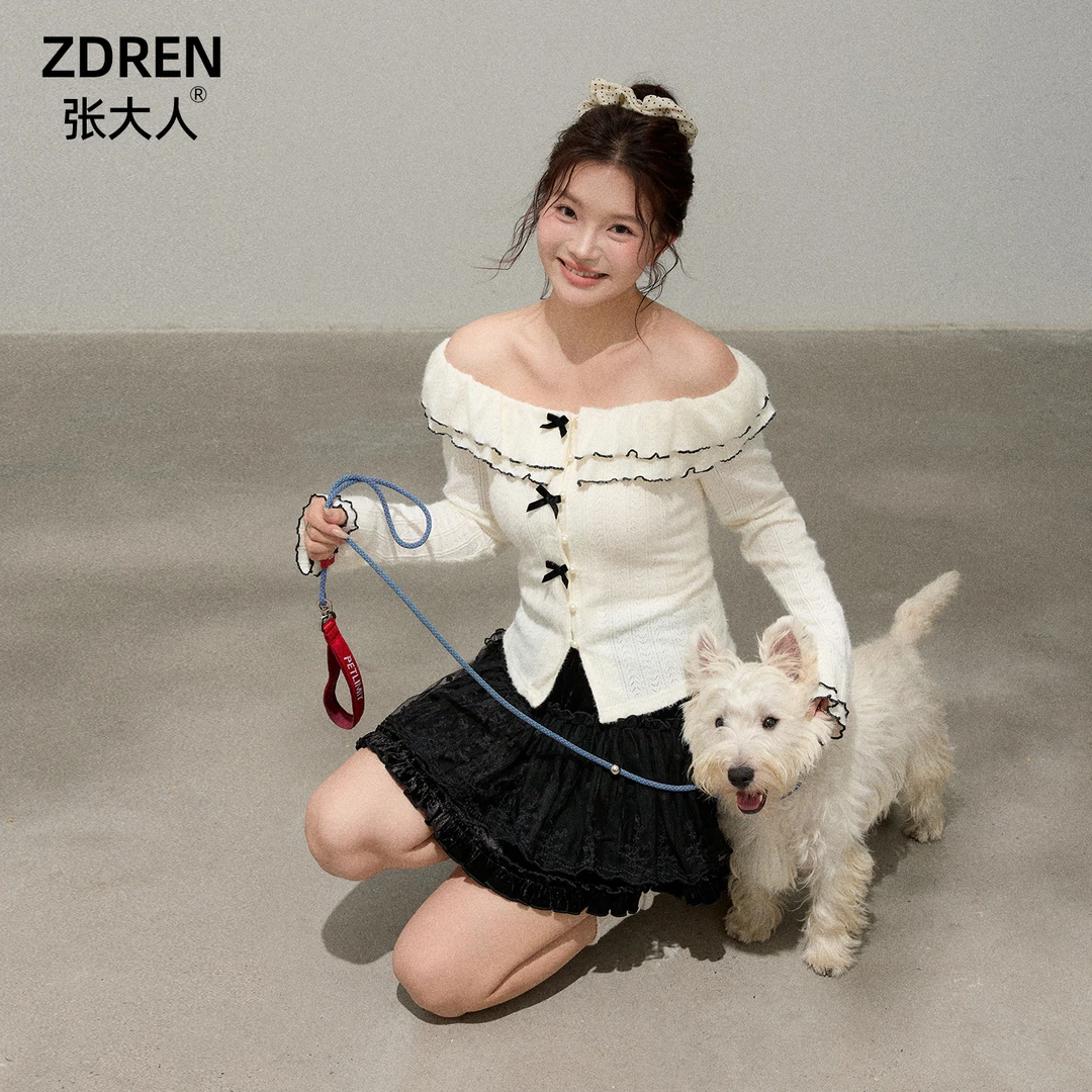 张大人【公主日记】大码女装微胖妹妹一字肩荷叶领蝴蝶花针织衫半裙