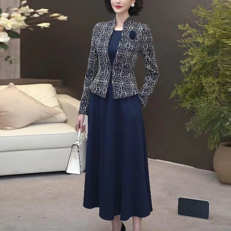 2025春新款藏蓝色多彩丝梭织浮雕提花假两件西装套装连衣裙