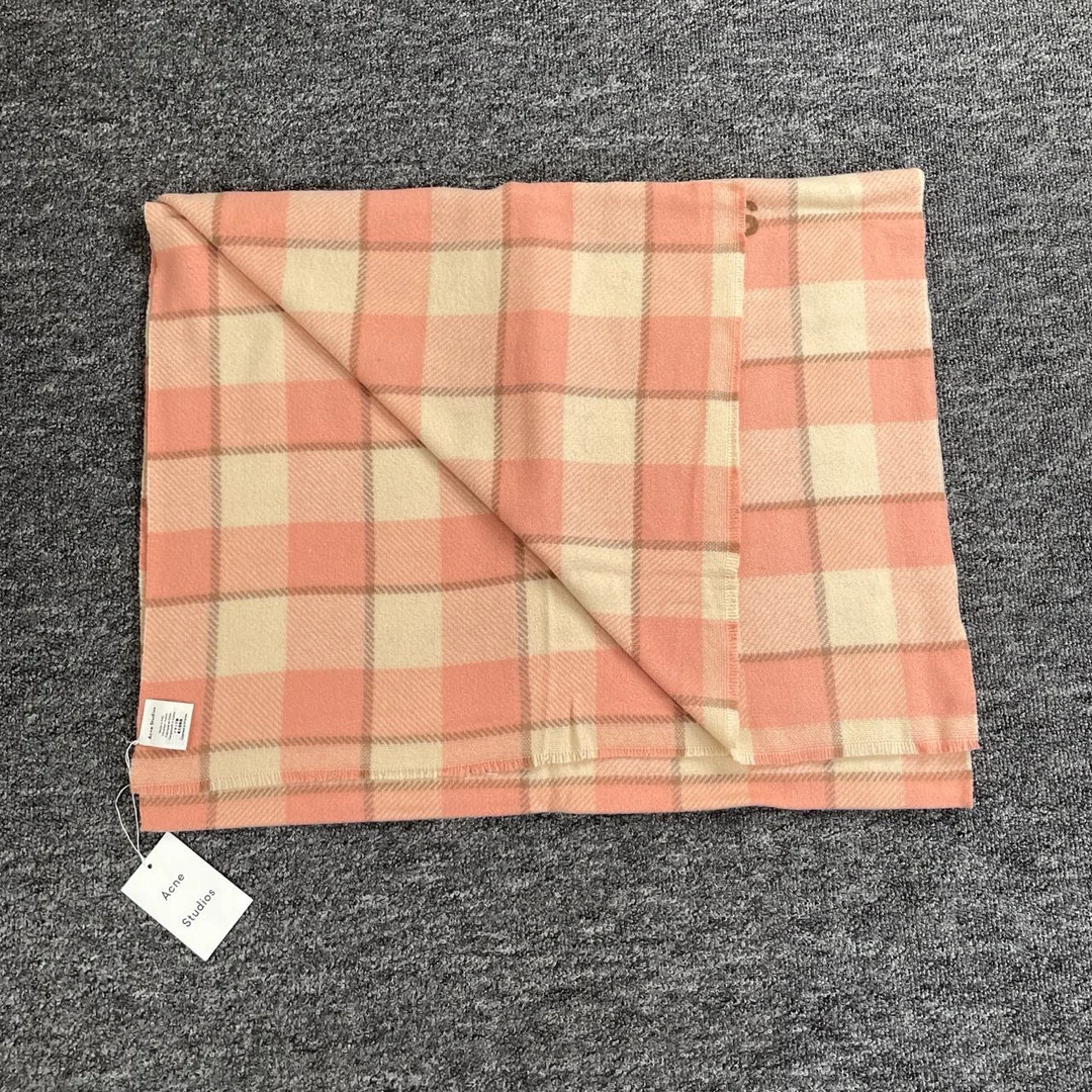 未使用 YSL/圣罗兰 6817/粉色格纹logo印花羊毛围巾/220*70cm/