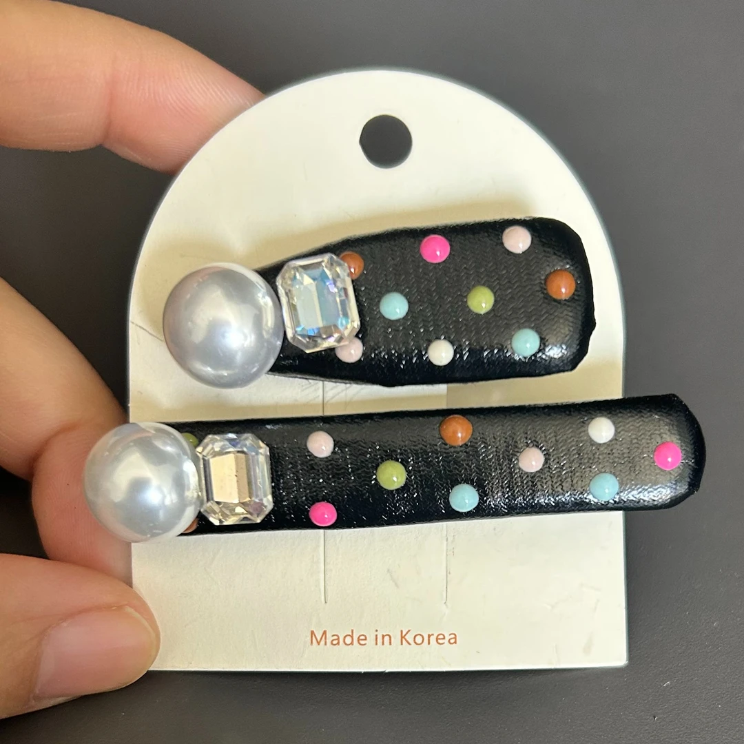 韩国定制款皮面珍珠边夹极简风BB夹中性原创设计发夹发饰气质饰品