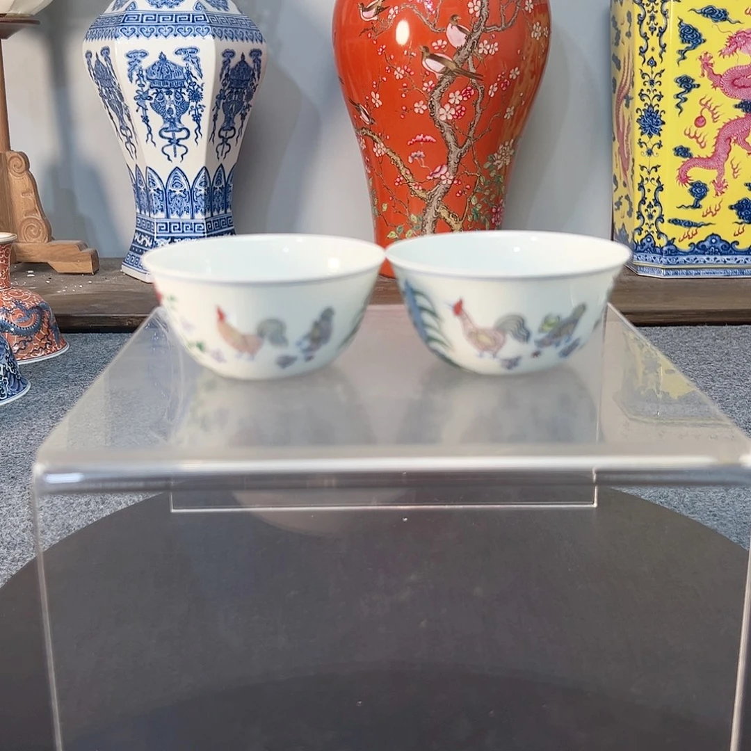 杯子斗彩鸡缸杯一对