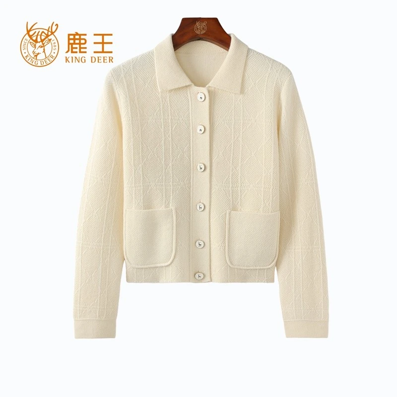 鹿王24秋冬新款女衬衫领100山羊绒小香风短款针织开衫 加厚 4M385