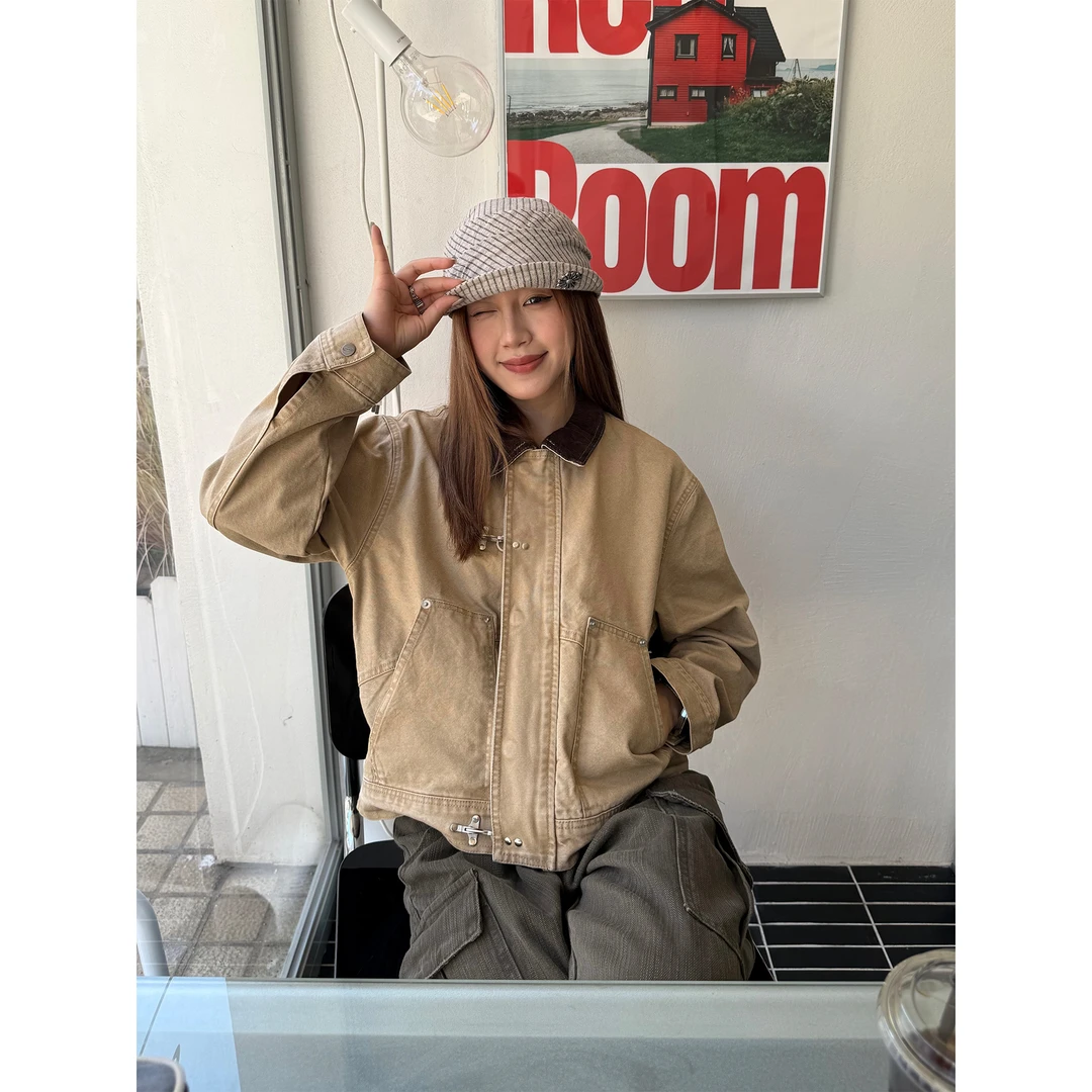 CCYE川川也美式做旧拼接龙虾扣夹克复古工装休闲宽松男女长袖外套