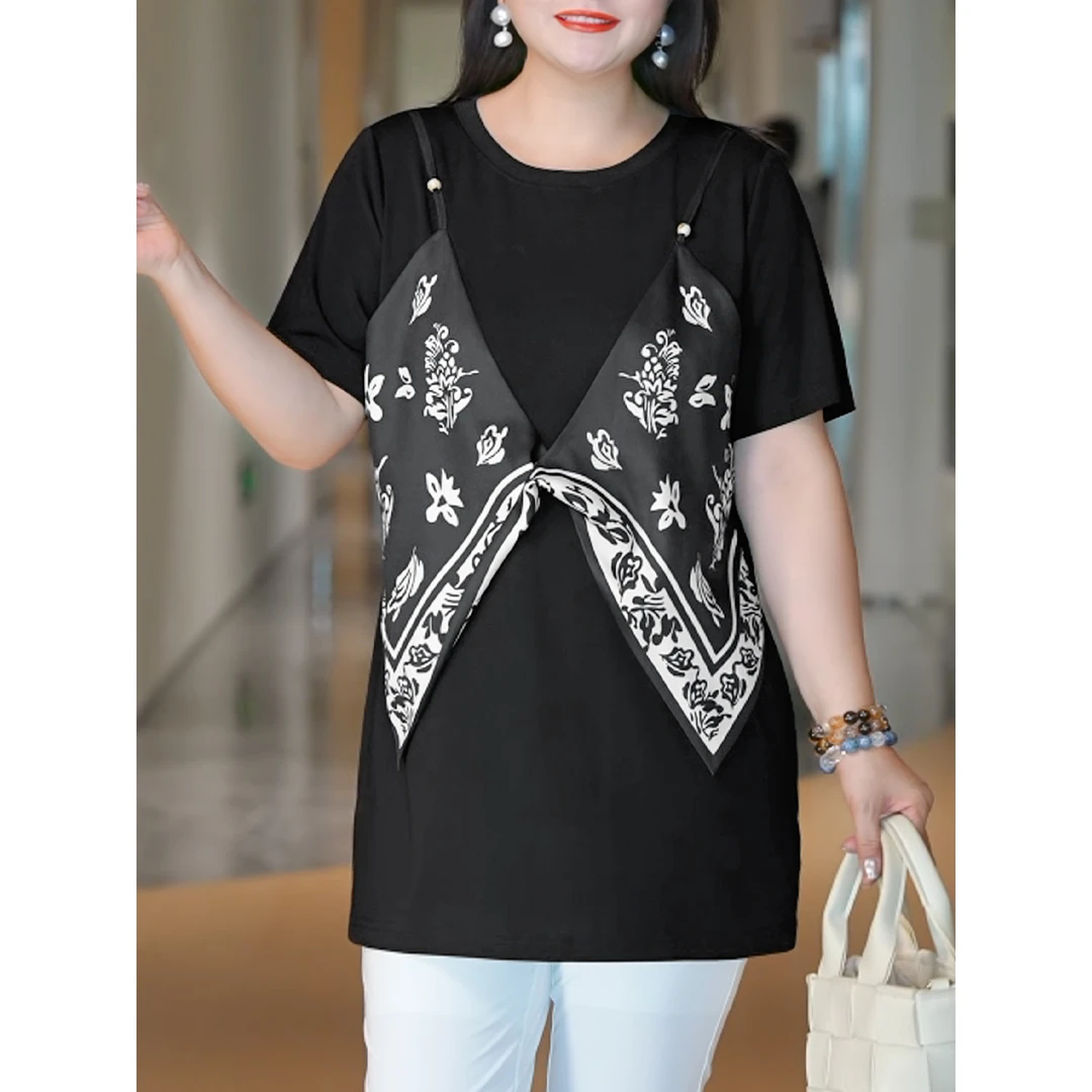 【夜昙花影】MsShe大码女装2025秋装假两件拼接印花T恤B2507016