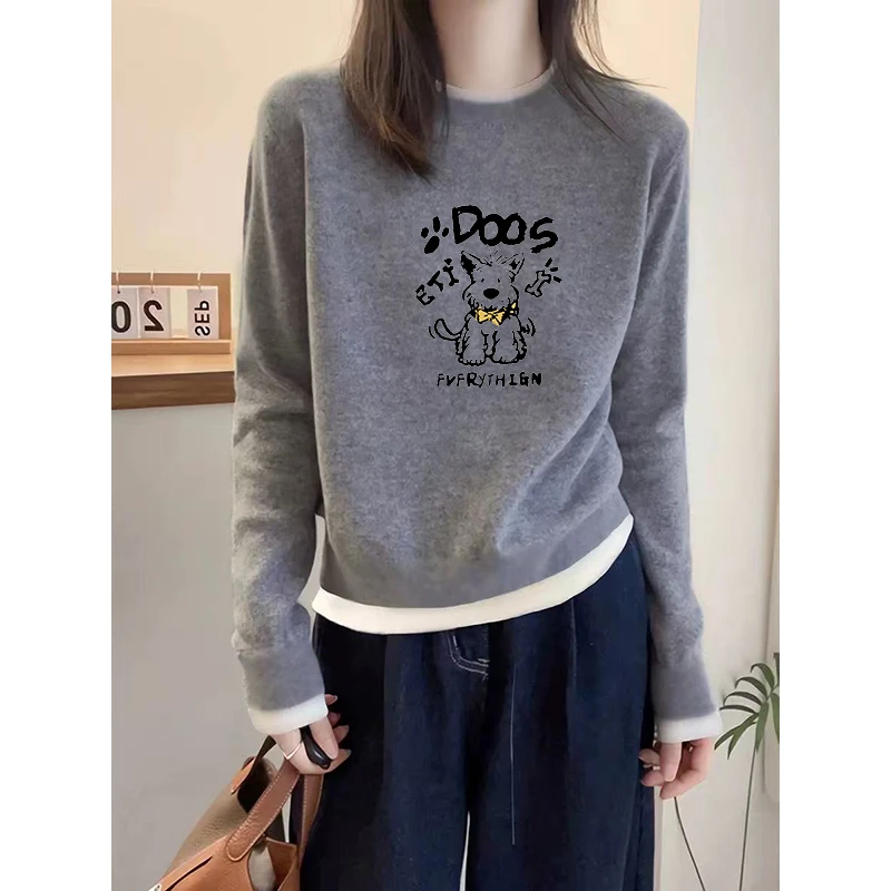 小众不撞款德绒正肩长袖t恤女假两件拼接小众时尚百搭上衣秋冬季