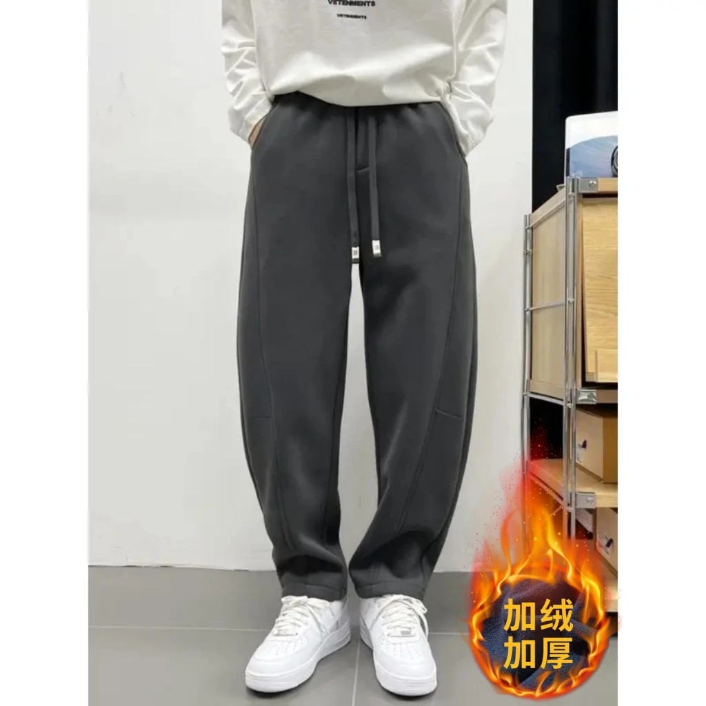 秋冬重磅加绒加厚立裁弯刀直筒卫裤男简约百搭防寒保暖运动休闲裤