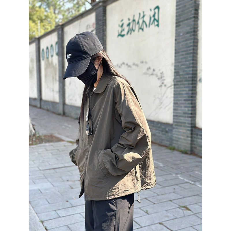 闪光缎翻领拉链外套男士春秋防泼水衬衫夹克宽松潮流轻户外上衣