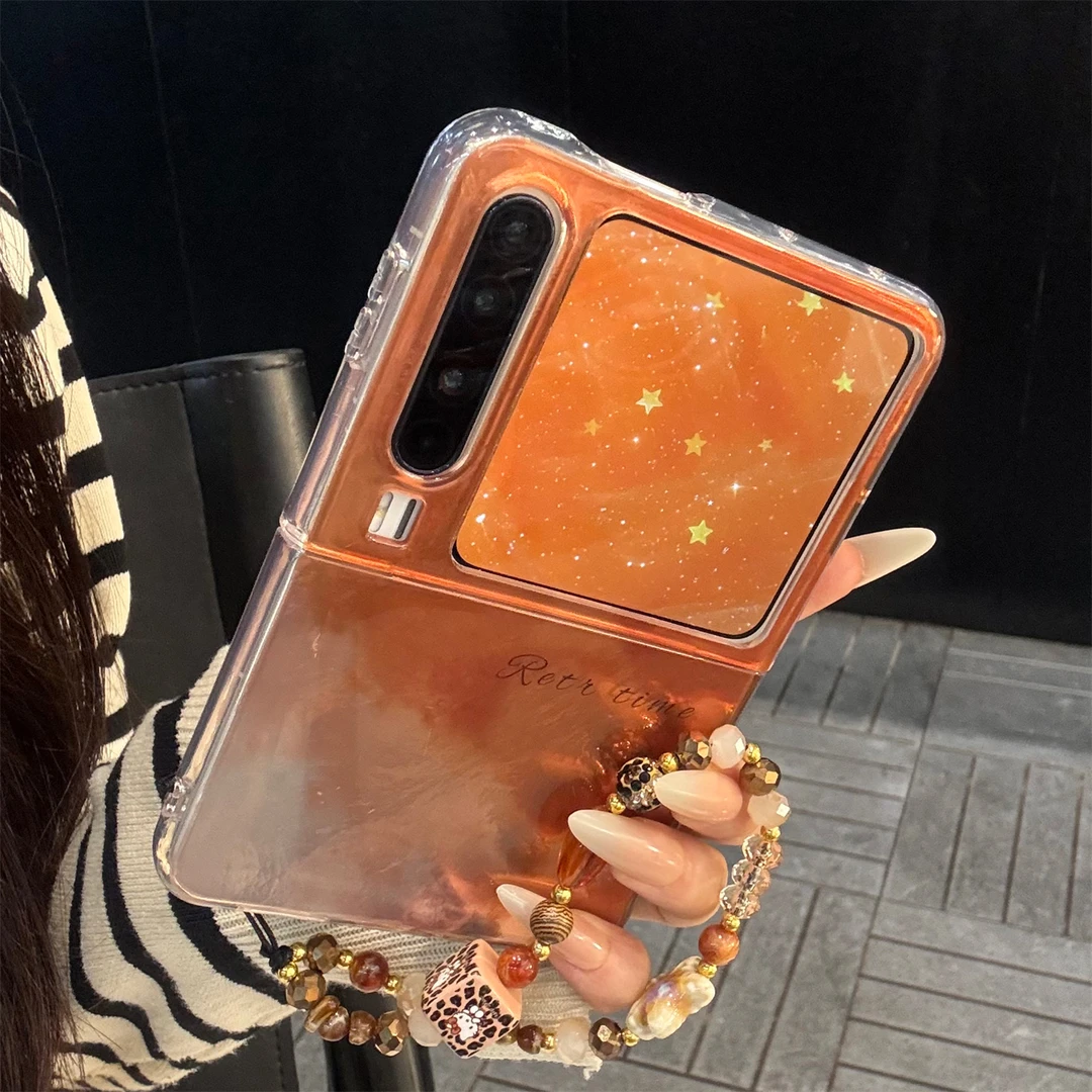 适用华为purax典藏版折叠屏手机壳PuraX渐变晕染橙色锡纸纹链条女