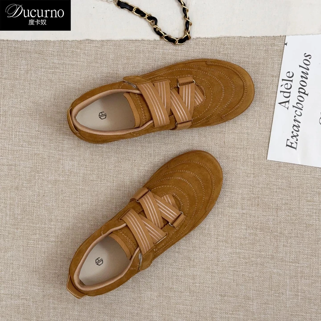 DUCURNO 复古真皮魔术贴女性道德训练鞋2025秋季新款百搭平底鞋子