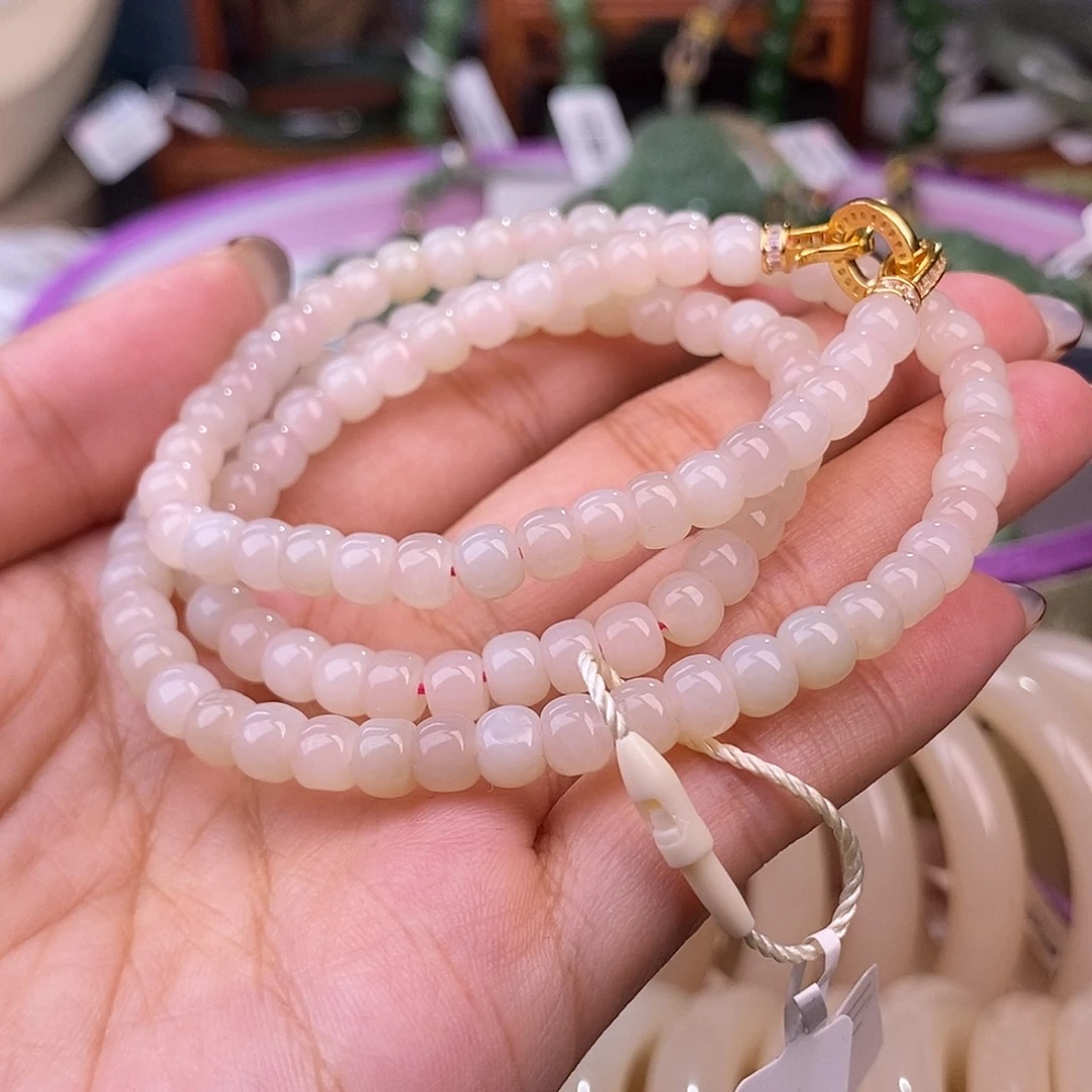 和田玉清货价红粉珠链6m未镶嵌