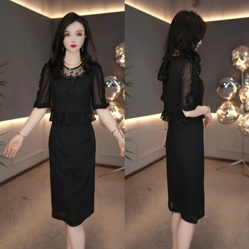 2025春气质名媛女人味减龄显瘦百搭长袖蕾丝假两件连衣裙M-4XL