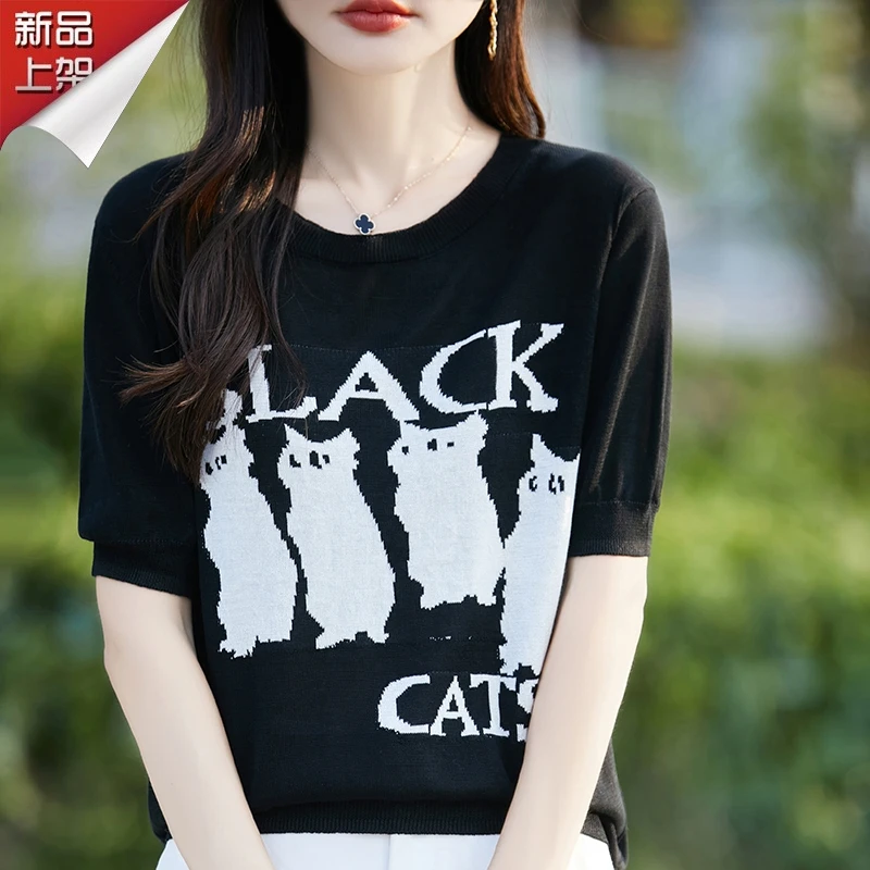 哥弟阿玛施正品夏季圆领通勤休闲针织短袖设计感猫咪印花百搭T恤