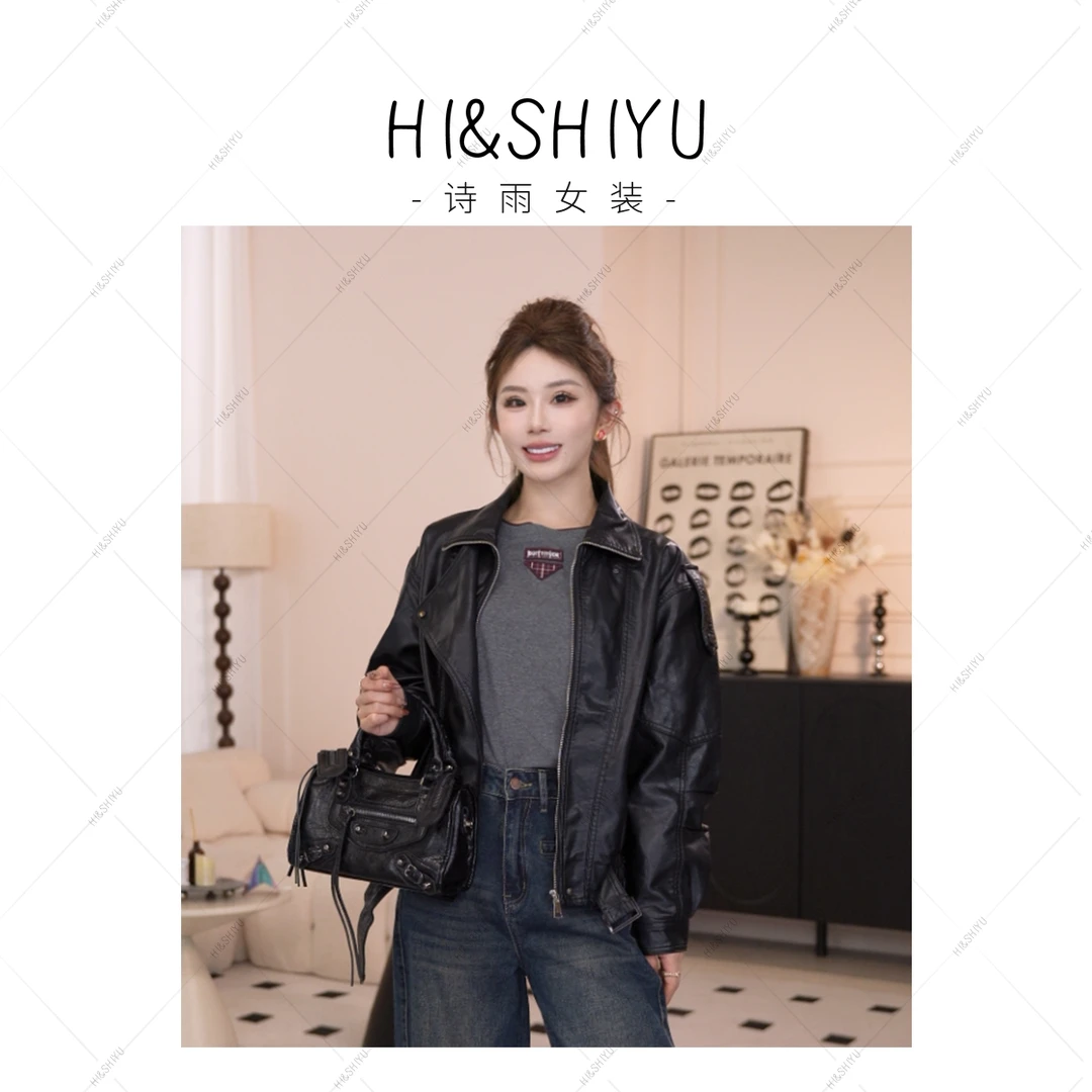 HISHIYU【都市精英】收腰皮衣外套女秋新款时尚高级感翻领外套女
