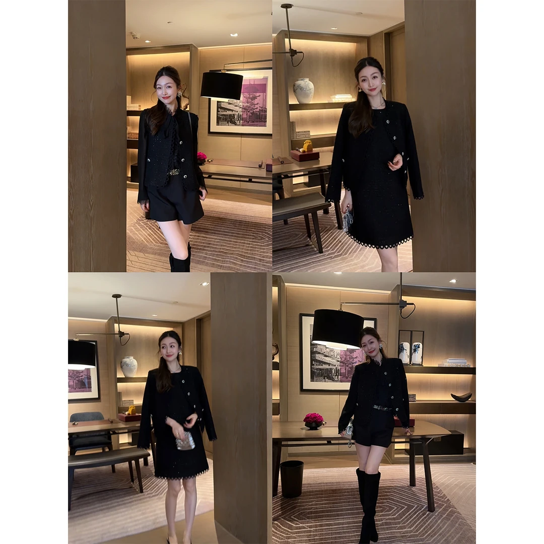 W·HAHA【黑金时代】奢感蕾丝花边小香风外套马甲61256