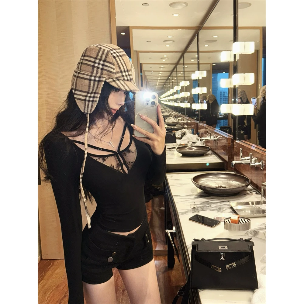 辣妹拽姐高级感显胸镂空打底衫性感蕾丝弹力打底收腰皮草内搭上衣