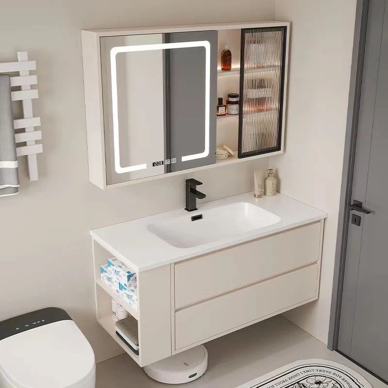 新款奶油风陶瓷一体盆洗手盆小户型浴室柜组合侧边柜收纳款式简单