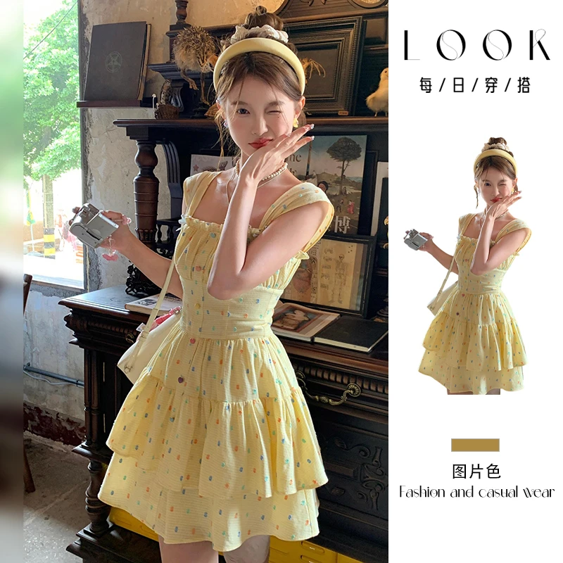 黄色多巴胺穿搭吊带甜美连衣裙子女夏季2025新款无袖甜美可爱短裙
