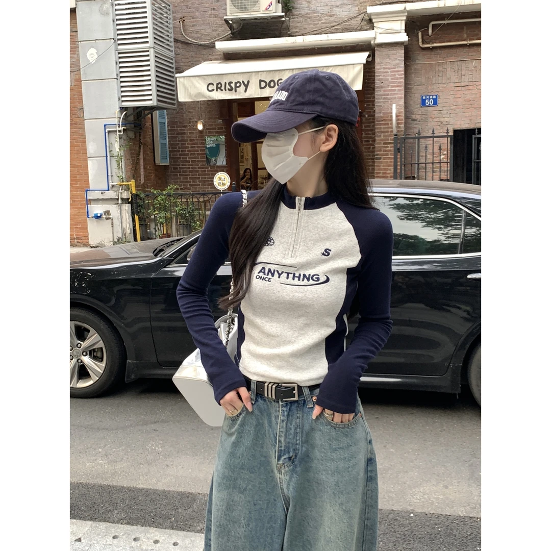 实拍实价 秋季韩版半高领拉链美式复古撞色插肩刺绣长袖T恤女上衣