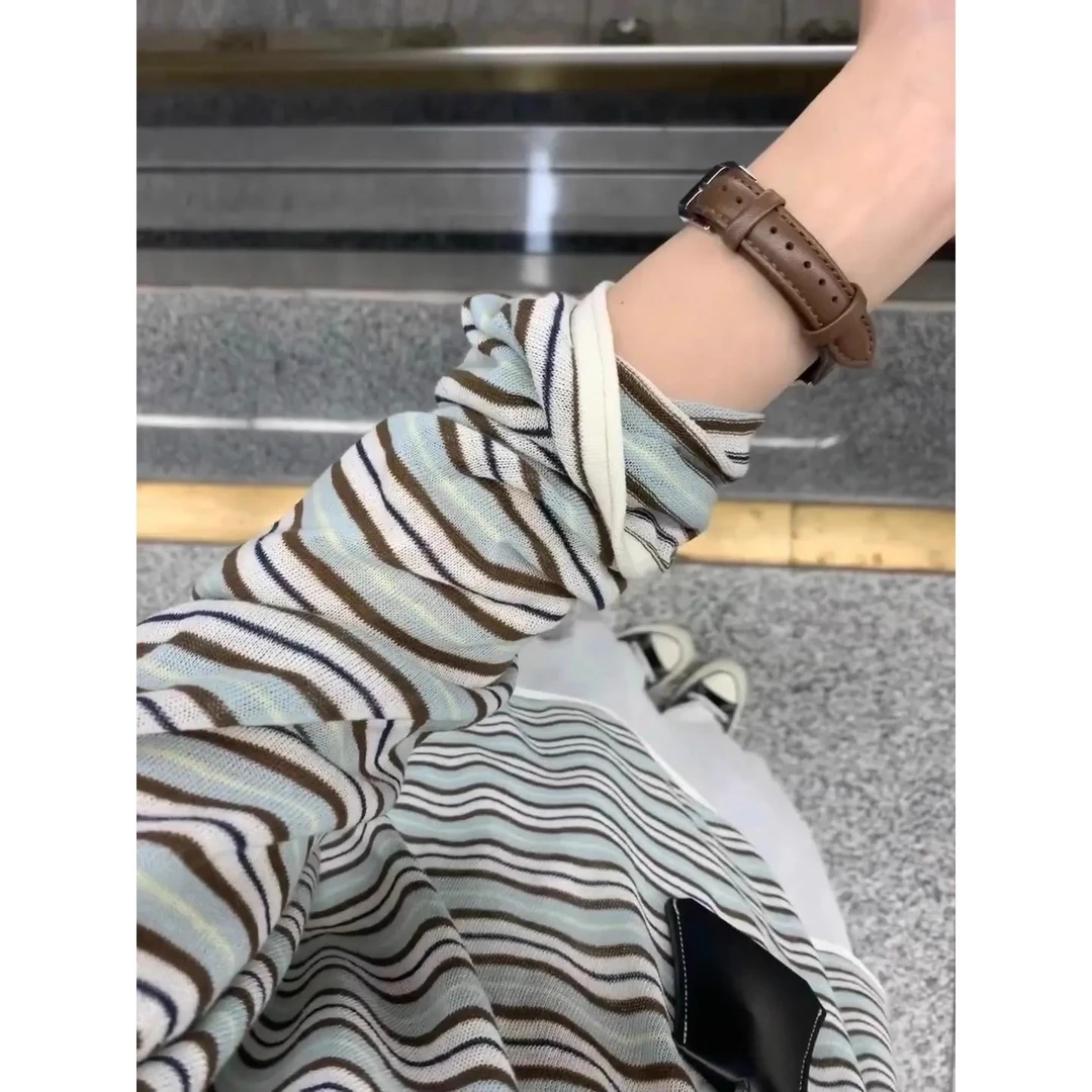 2025韩系慵懒感撞色条纹长袖T恤女夏季chic长袖打底上衣秋季外穿