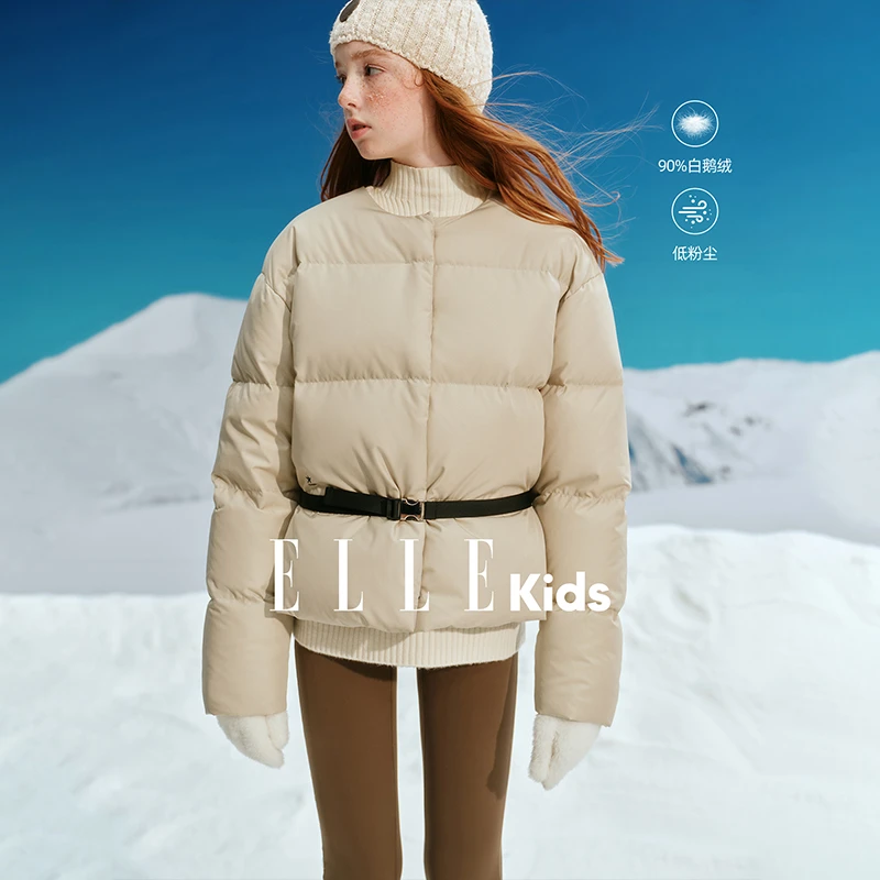 ELLE KIDS童装 90%白鹅绒羽绒服女童冬季新款圆领收腰百搭外套D4