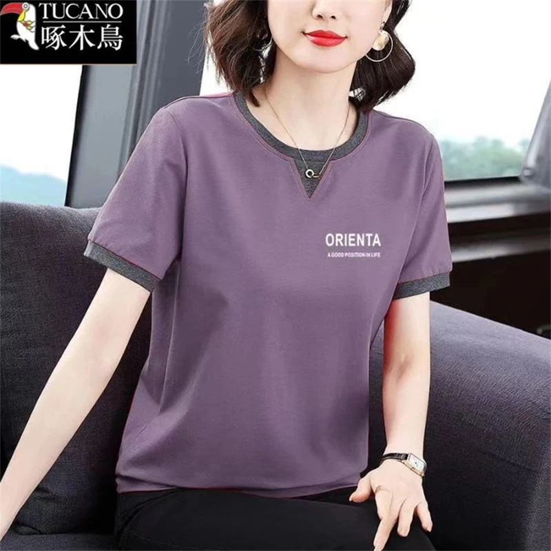 啄木鸟2025年大码运动上衣女夏季短袖圆领拼色高级感印花显瘦T恤