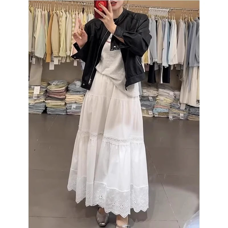 蕾丝花边白色半身裙女2025春夏季仙女裙百褶裙垂感拼接a字中长裙