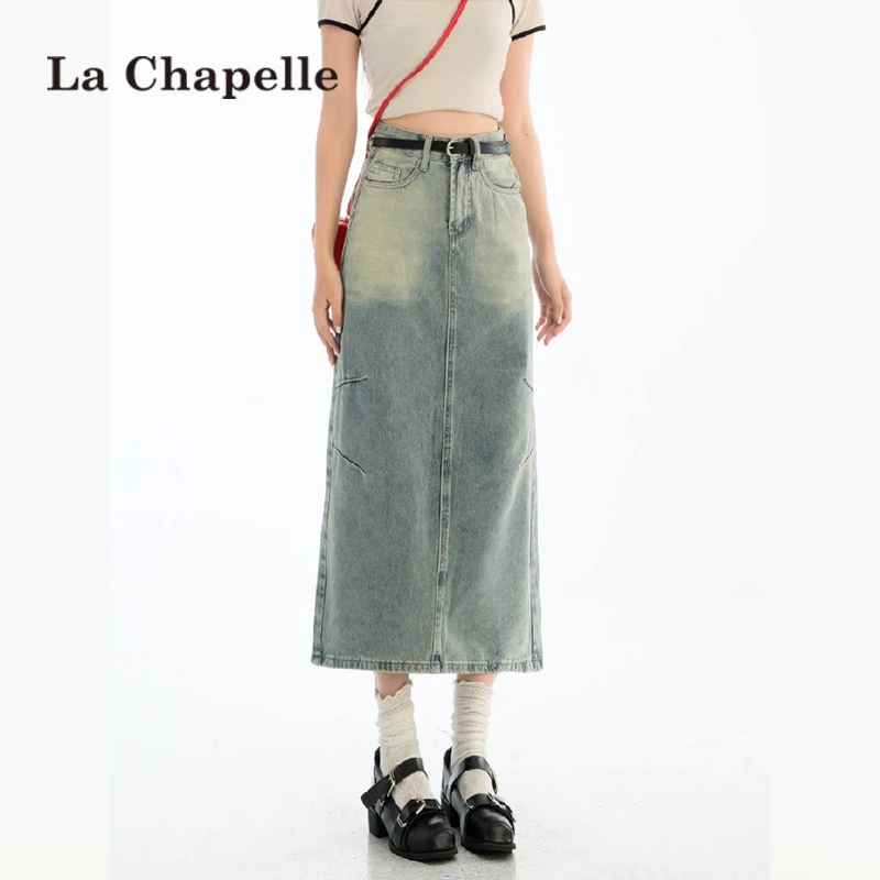 拉夏贝尔高腰开叉牛仔半身裙女春夏款中长款半裙a字小个子包臀裙