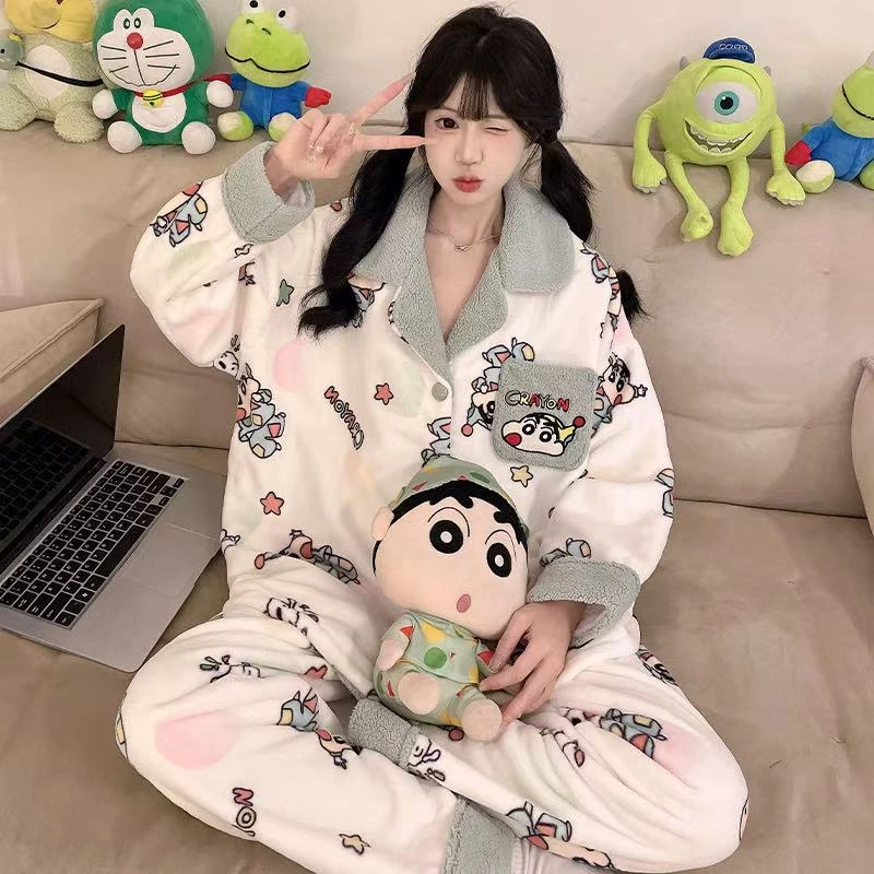 加厚法兰绒蜡笔小新睡衣家居服套装