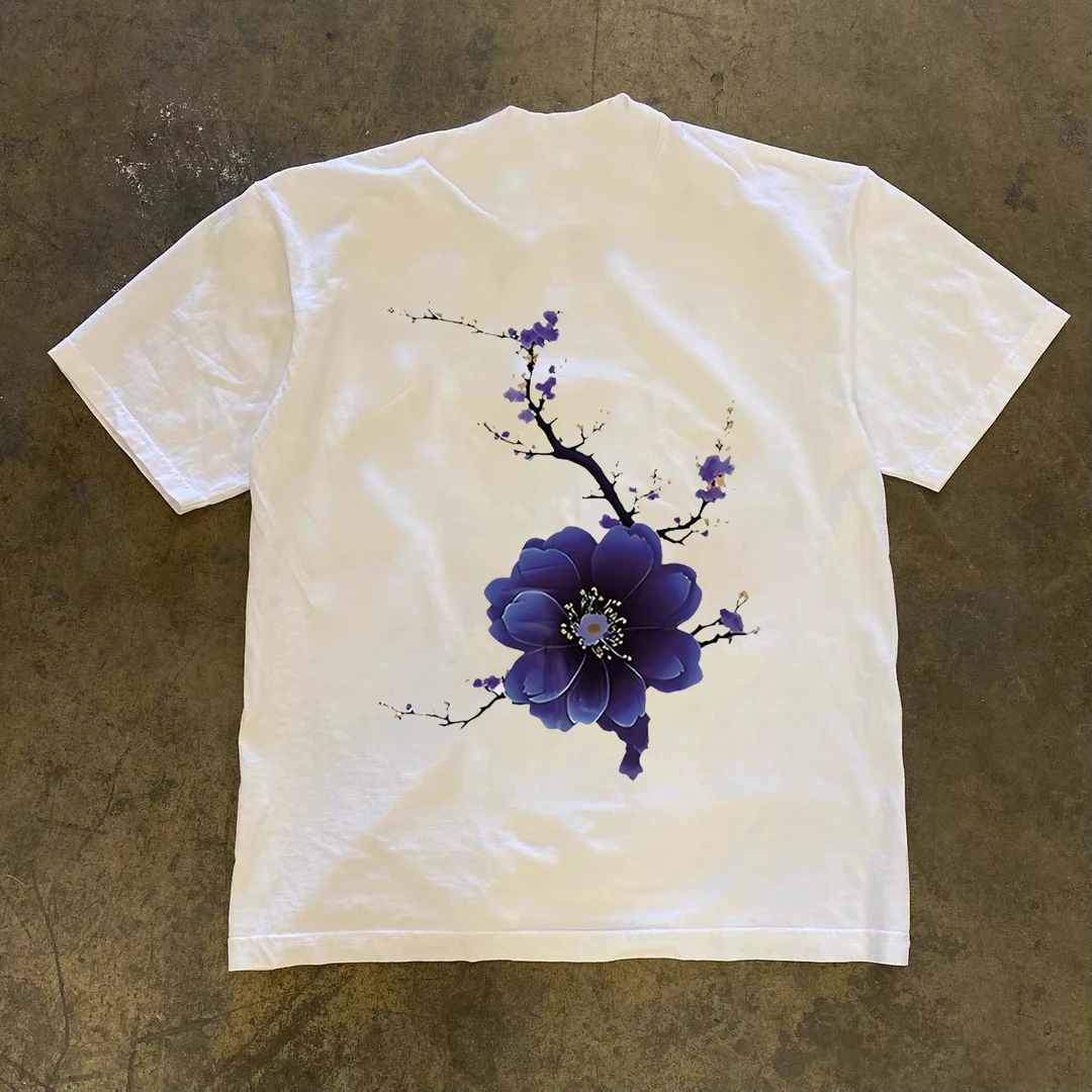 新款潮牌高端花卉印花短袖t恤男士230g重磅半袖时尚百搭上衣夏季