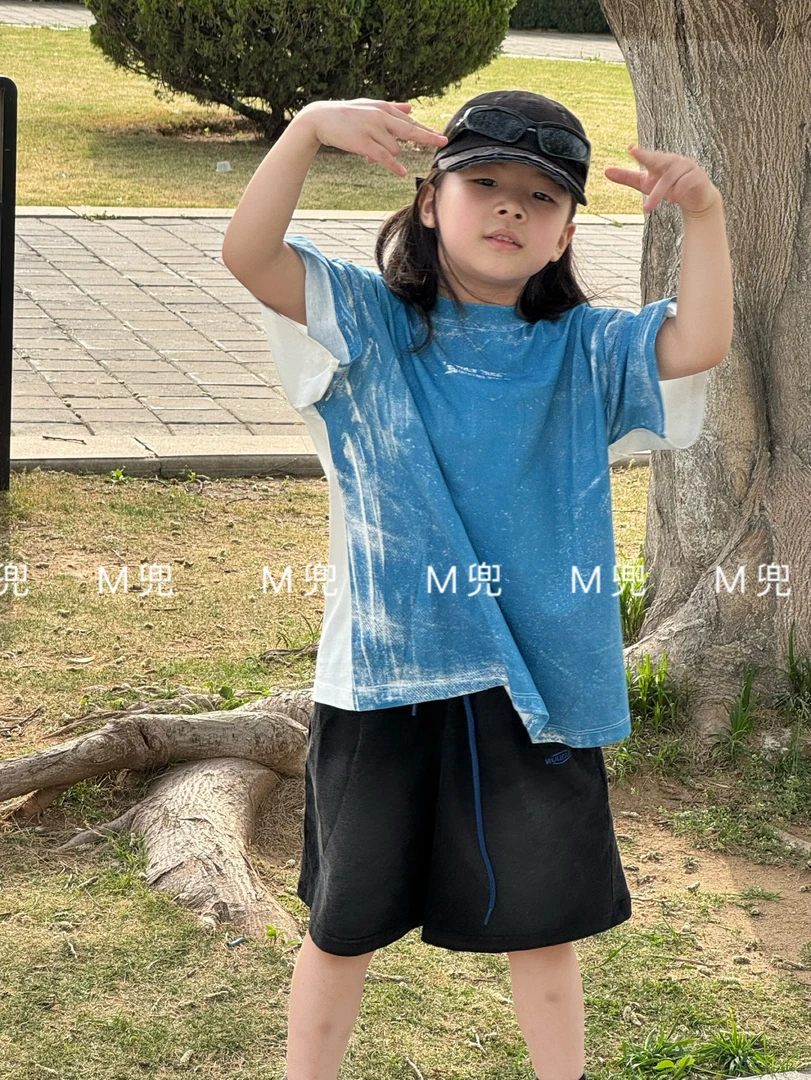 Wulifafa 25年夏季新款蓝色抽绳设计男女同款儿童卫裤短裤