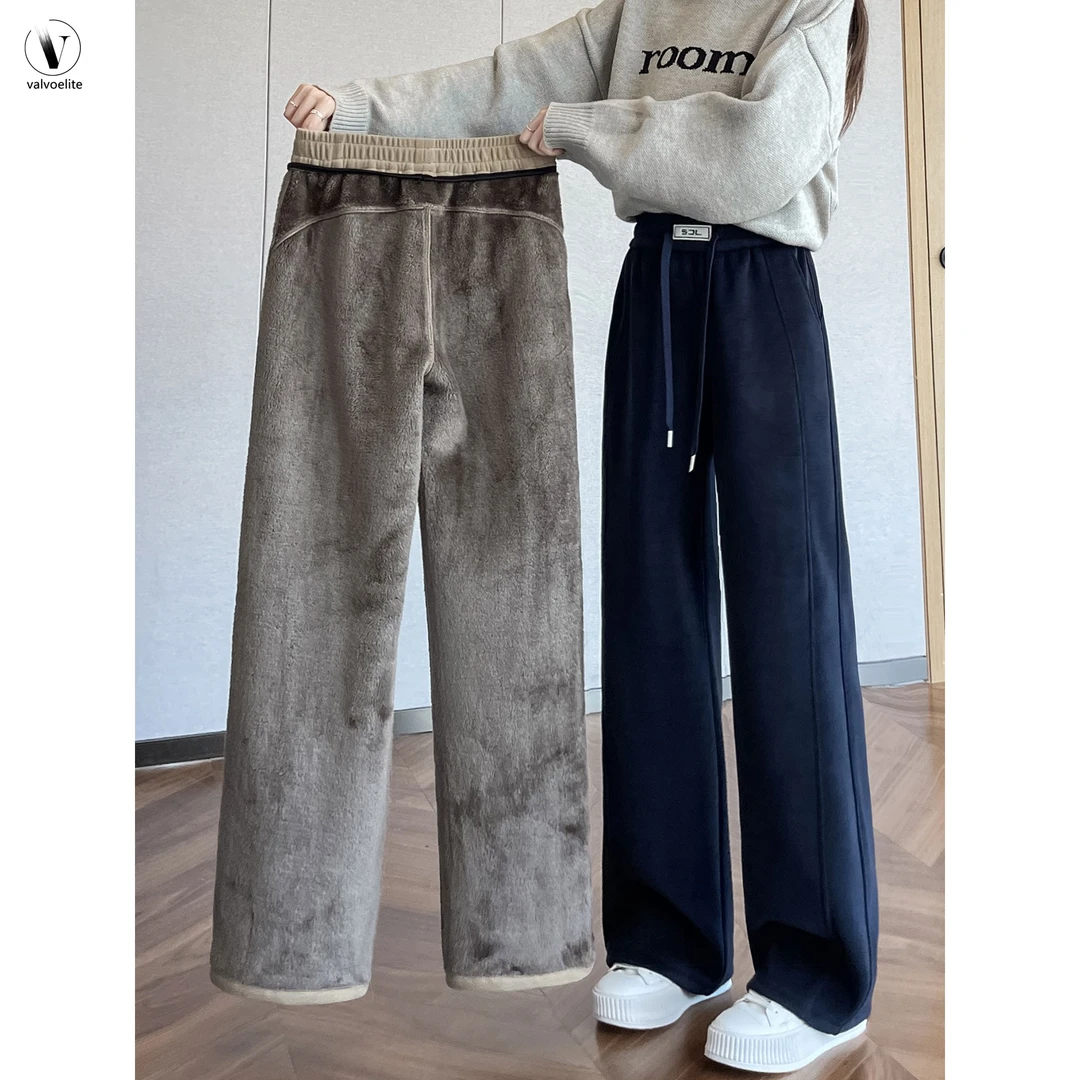 VALVOELITE裤子女秋冬季外穿爆款加绒加厚阔腿裤直筒休闲棉裤时尚