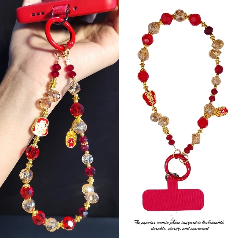 奢华高级感招财猫手机链时尚水晶串珠手机挂绳短款手腕手提链挂件