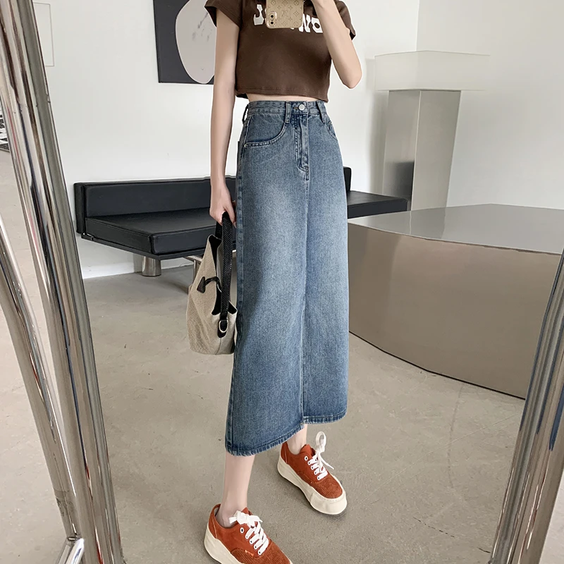 2025夏季高腰牛仔半身裙女复古宽松百褶裙a字中长款半裙
