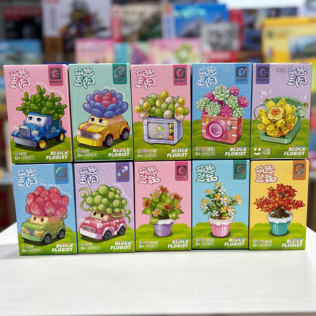 森宝积木萌趣多肉小车复古家电萌趣盆栽潮玩创意拼装积木玩具摆件