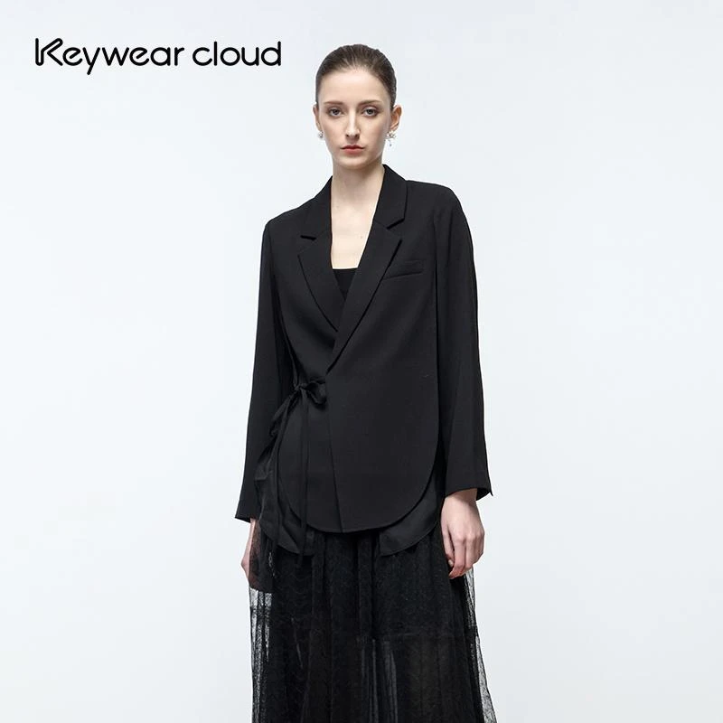 Keywearcloud奇威秋季西装领长袖黑色纱感外套