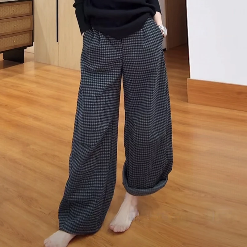 直筒设计感秋季新款时尚洋气宽松百搭慵懒感高腰阔腿休闲格子女裤