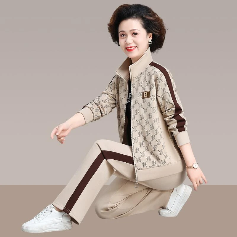 中年妈妈春装外套40岁50中老年人运动服套装女春秋大码休闲三件套