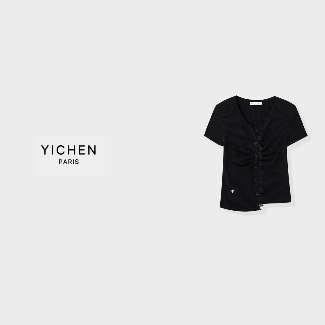 YC 小蜜蜂徽标刺绣竖坑条单排扣褶皱冰丝针织短袖-6187