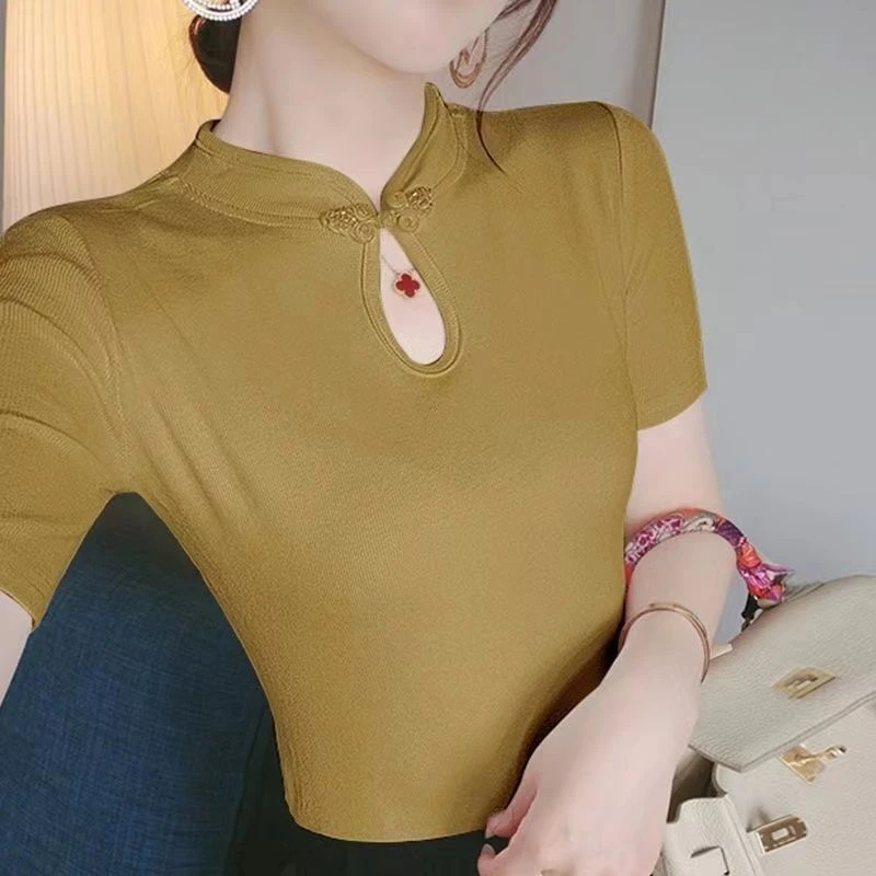 新款修身显瘦2024复古夏季盘扣设计体恤国风上衣打底中式短袖顺