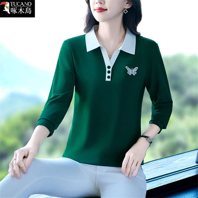 啄木鸟新款拼色刺绣上衣减龄女装秋季洋气纽扣POLO领显瘦长袖T恤