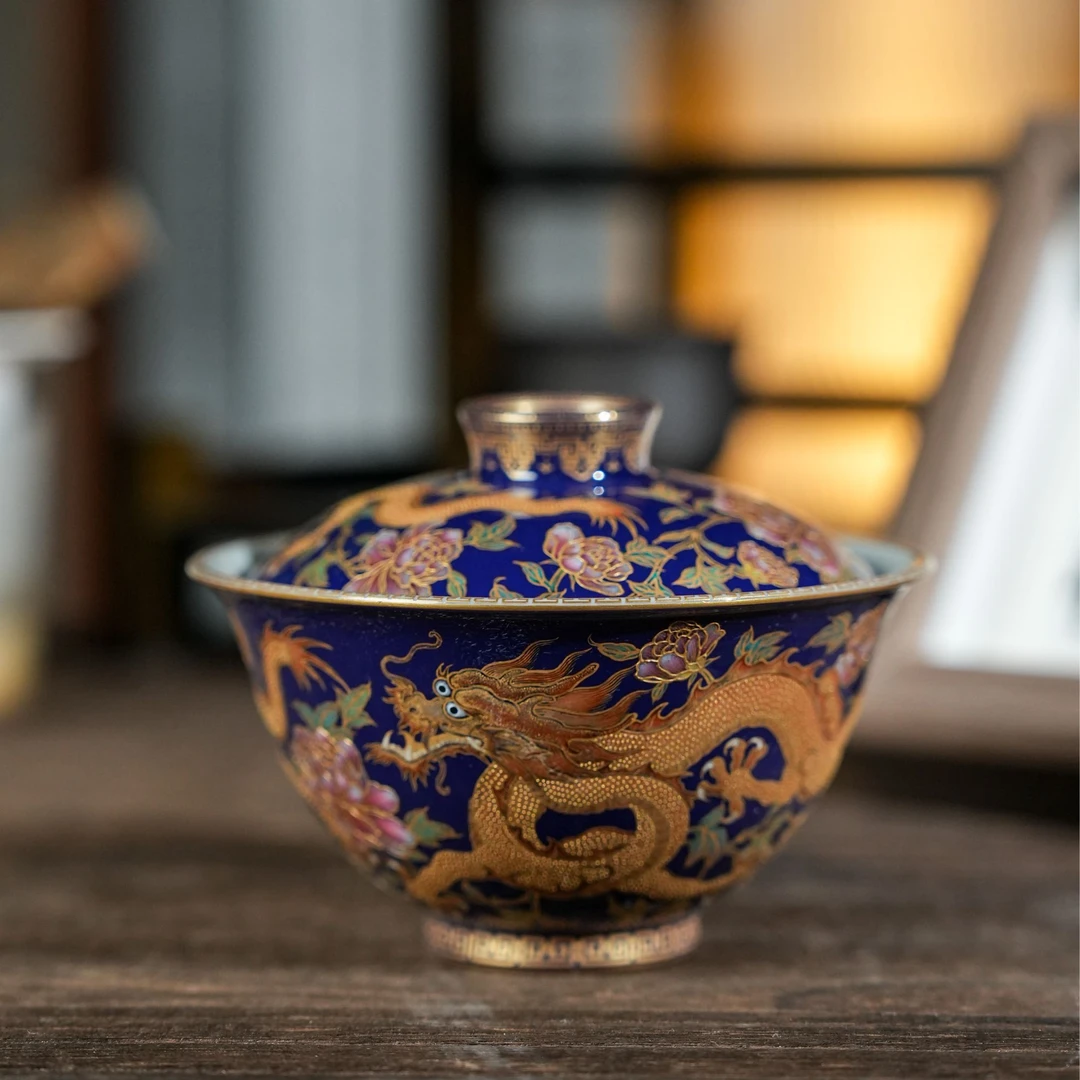 【墨舍名窑】宝蕴阁双龙牡丹盖碗 byg23纯手工手绘陶瓷景德镇茶具