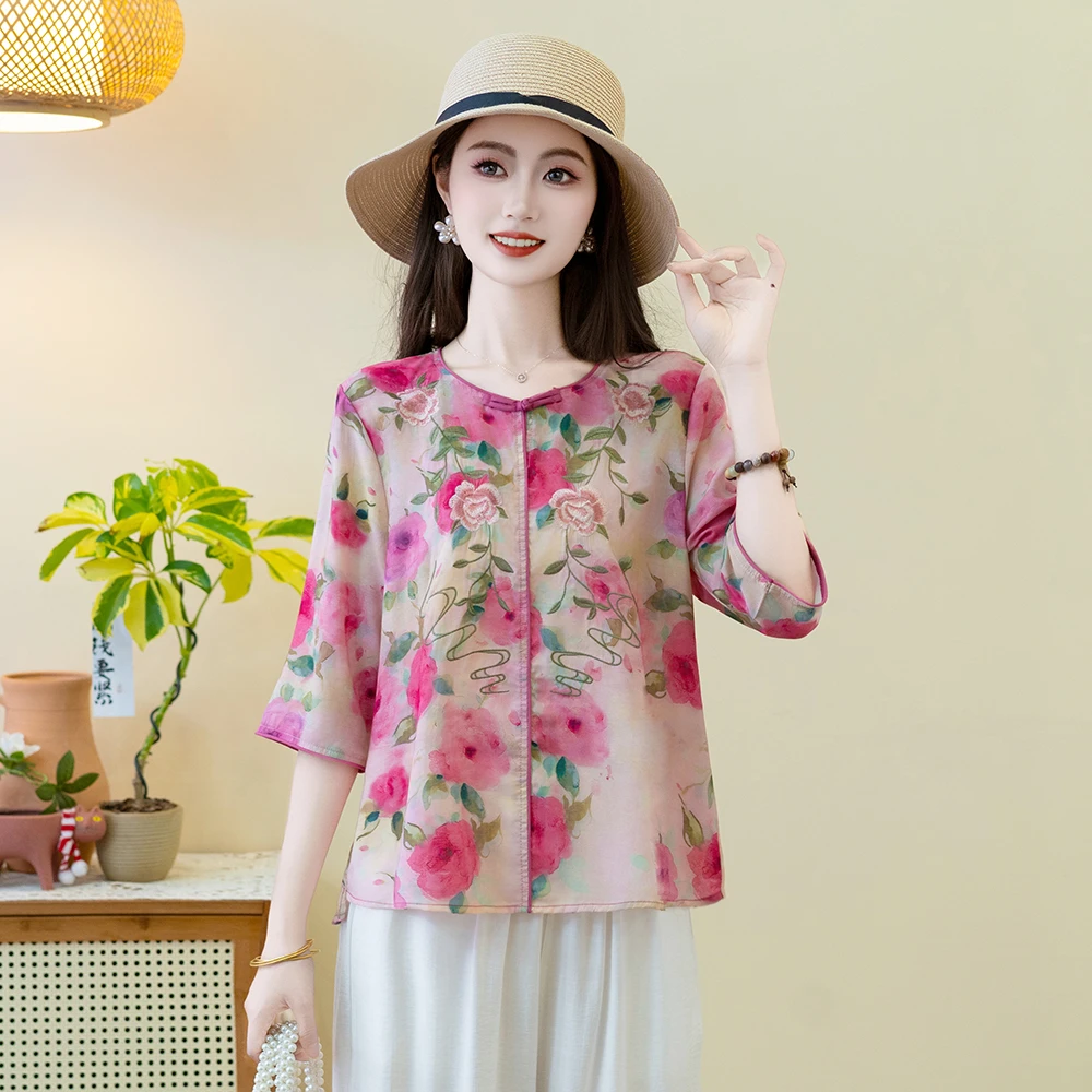 中老年女装妈妈装夏季小衫40-50-60岁洋气减龄套装民族风刺绣上衣