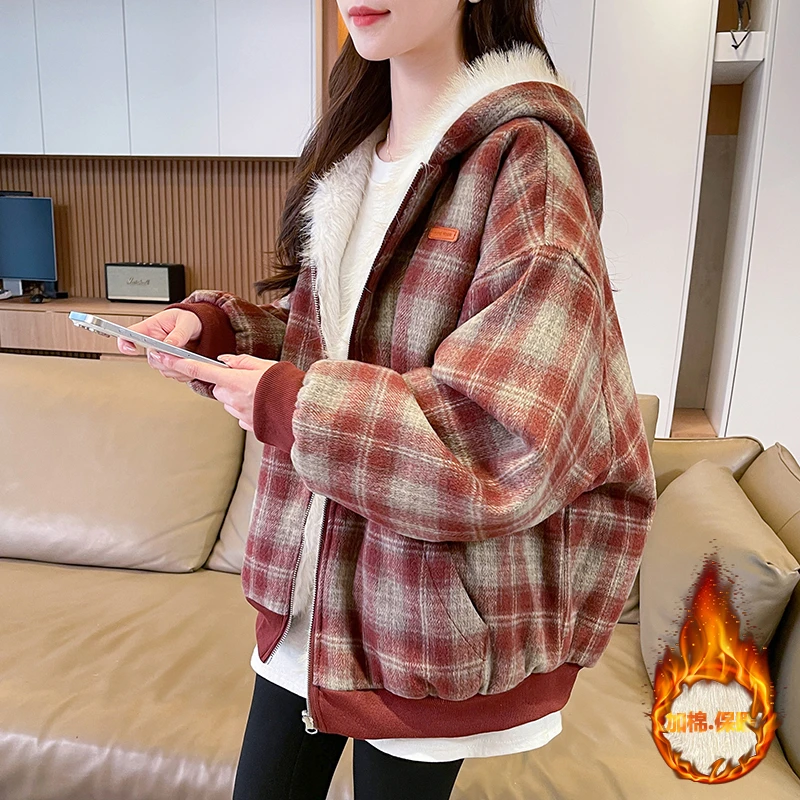 双面穿格纹连帽毛绒外套女冬季高级感时尚加绒保暖宽松棉衣棉服潮
