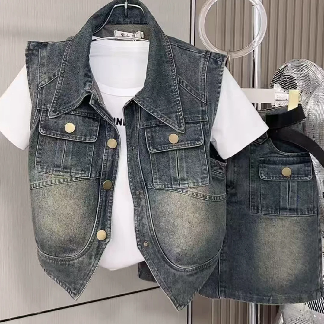 早秋新款遮肉显瘦牛仔马甲搭配半身裙套装