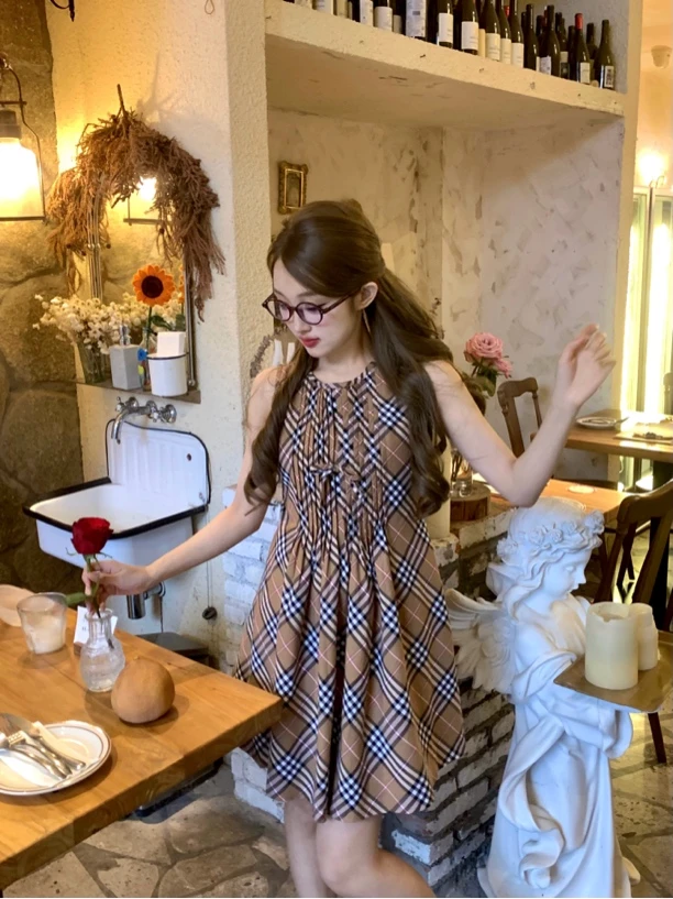 【中古千金】布拉格艺术系定制卡其格纹无袖减龄背心裙7084