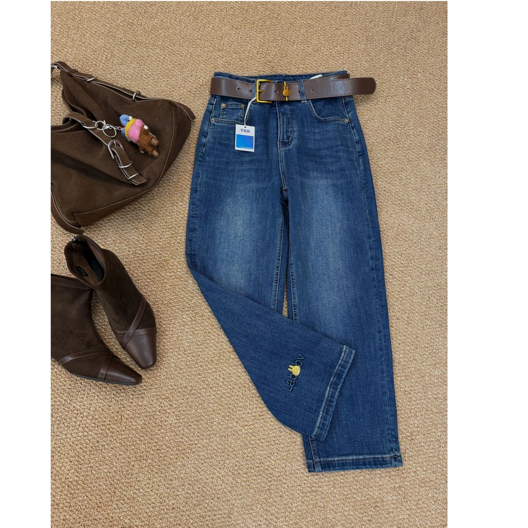 Y296裤脚布布加绒牛仔烟管裤