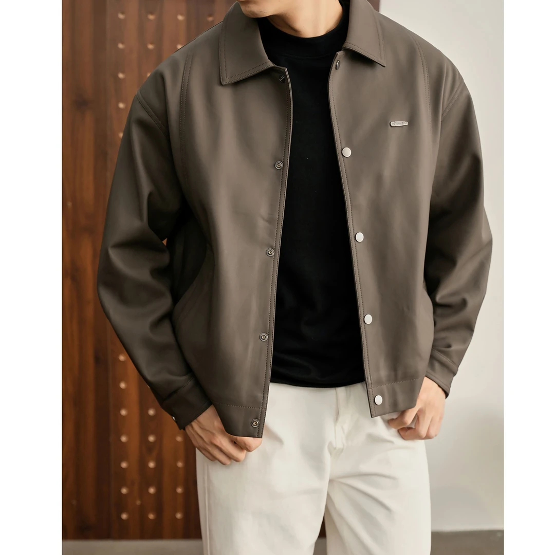 奥兰德保罗美拉德色系男士PU皮翻领行政夹克防风保暖金属装饰外套